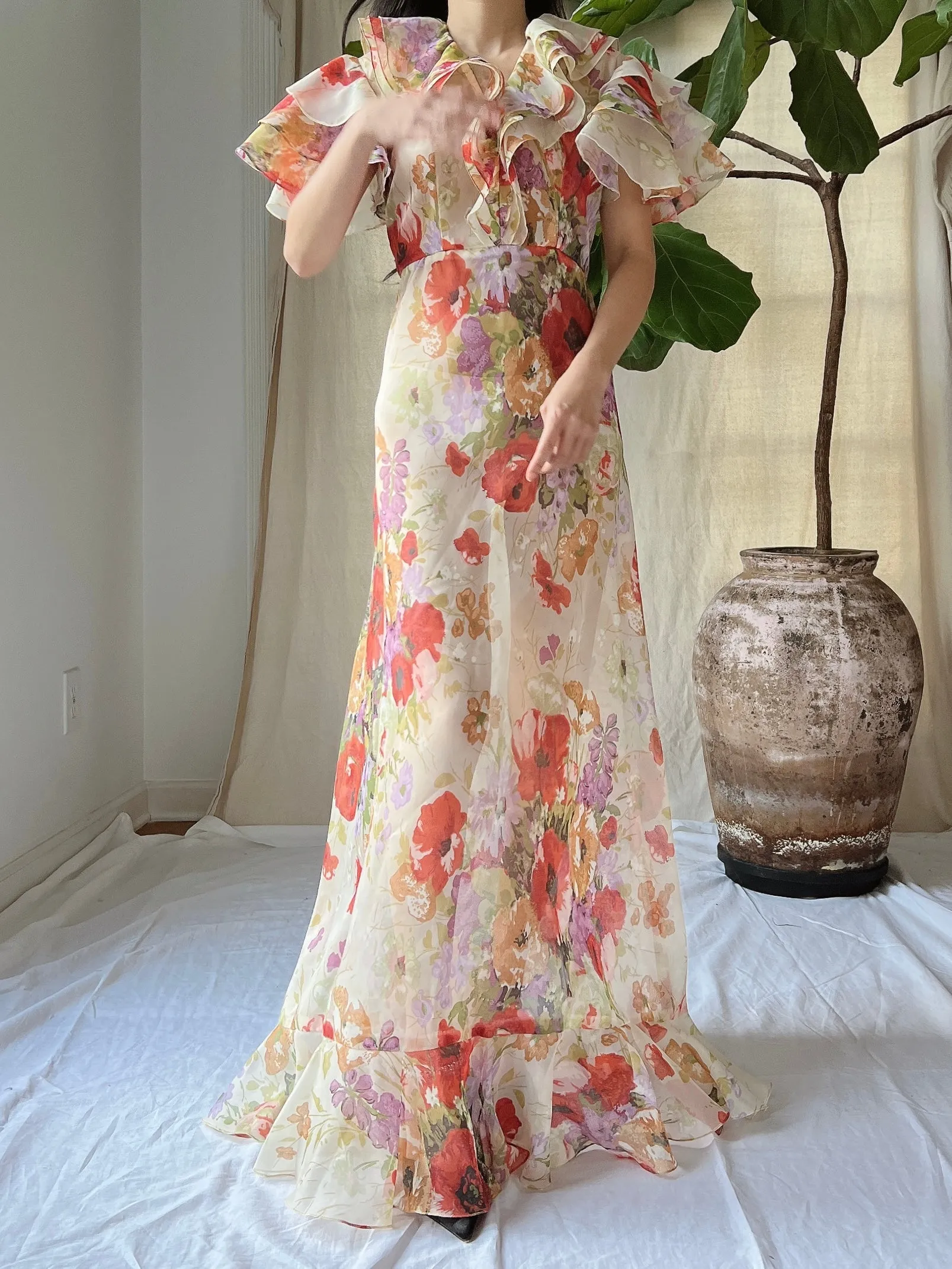 Vintage Ruffle Voile Dress - S