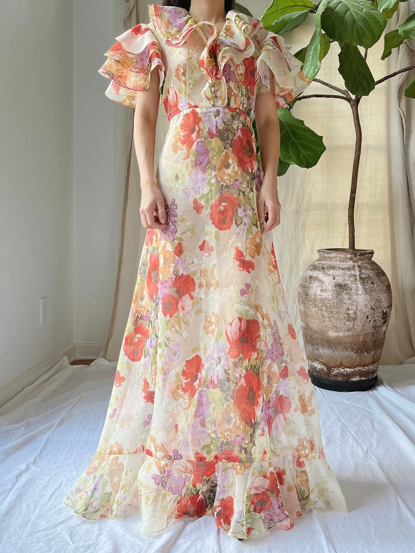 Vintage Ruffle Voile Dress - S