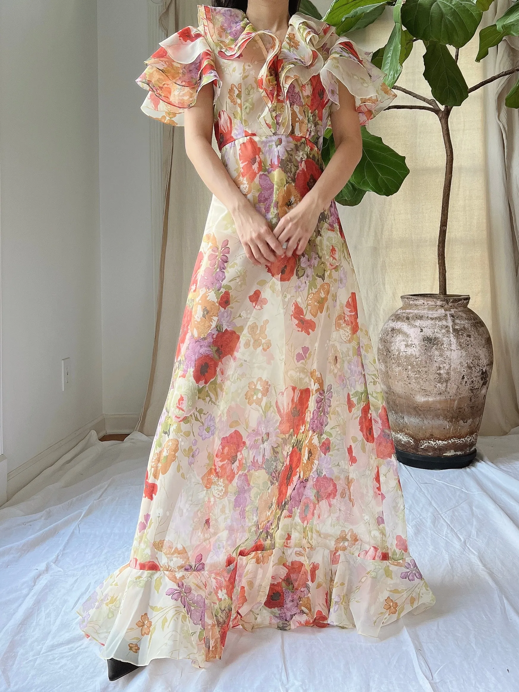 Vintage Ruffle Voile Dress - S