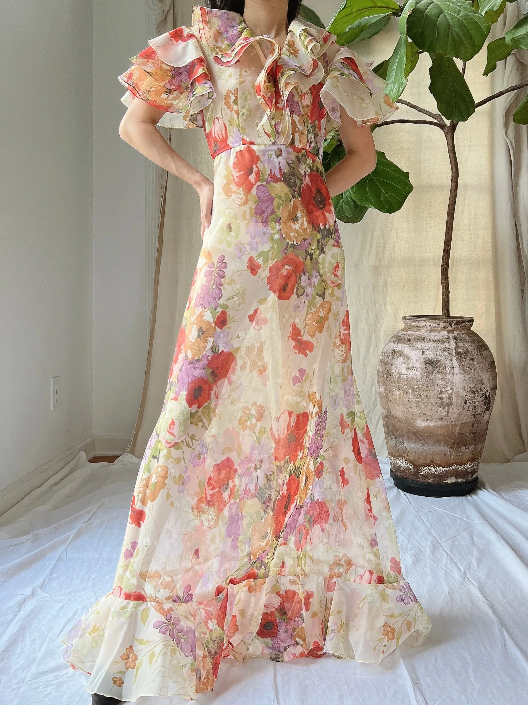Vintage Ruffle Voile Dress - S