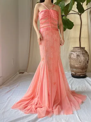 Vintage Sherbet Tulle Beaded Gown - M