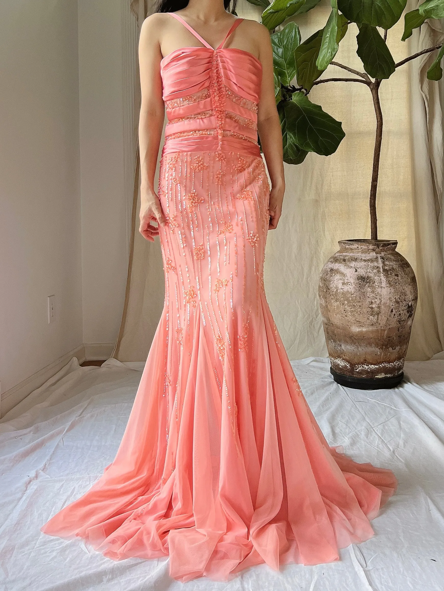 Vintage Sherbet Tulle Beaded Gown - M