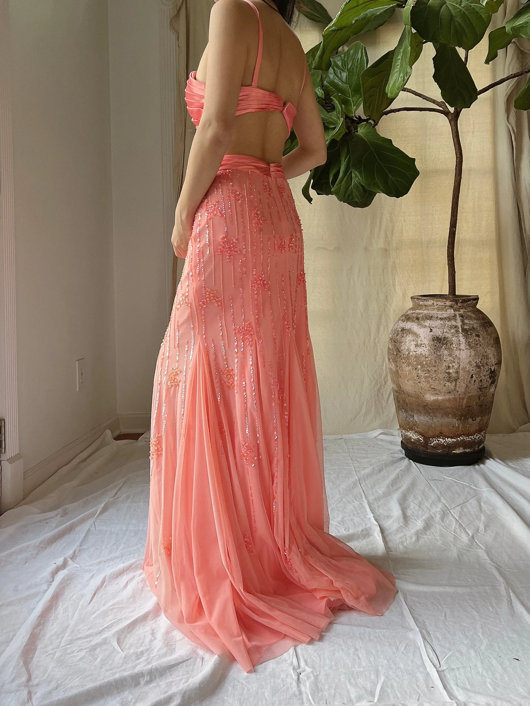 Vintage Sherbet Tulle Beaded Gown - M