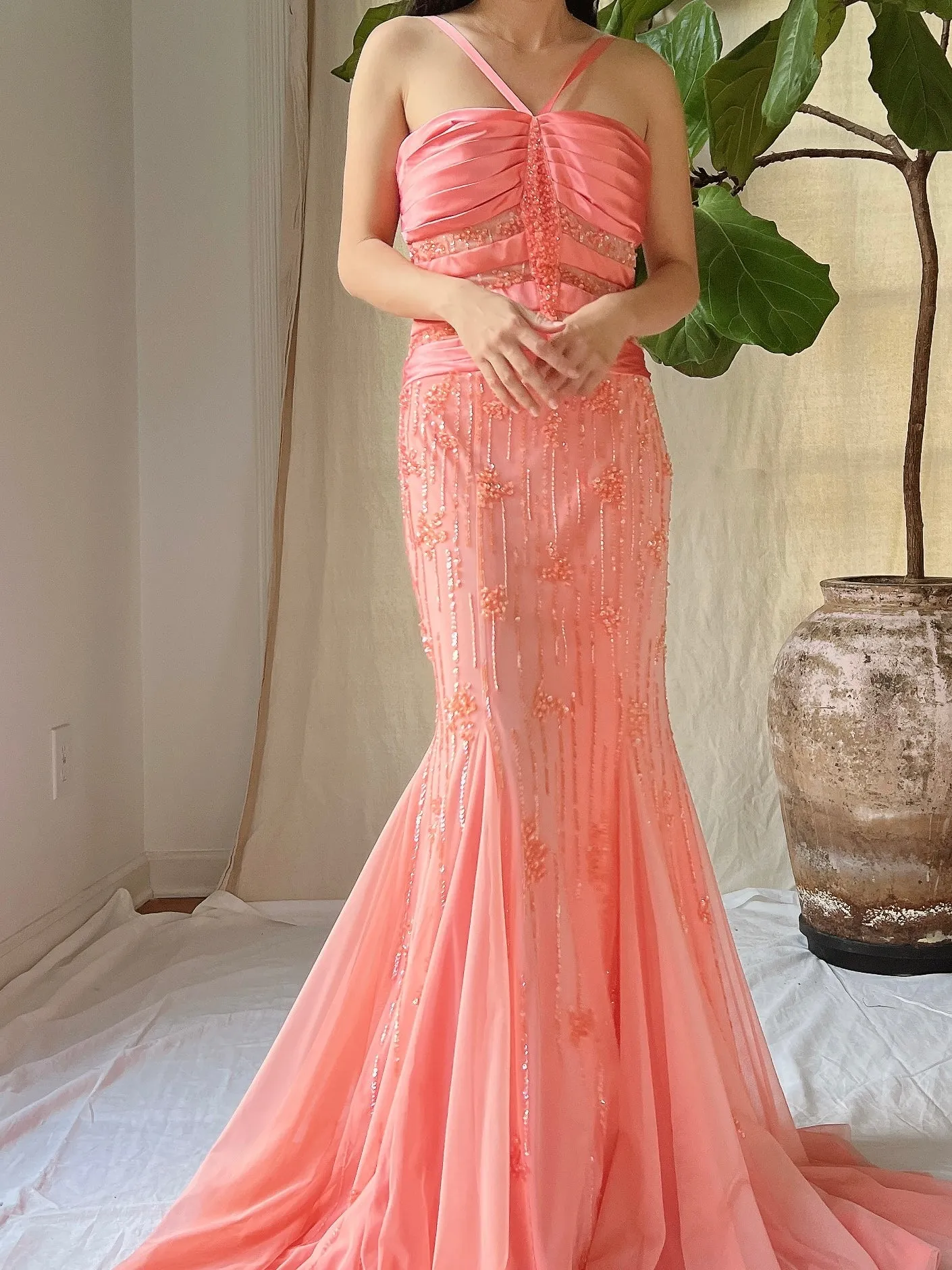Vintage Sherbet Tulle Beaded Gown - M
