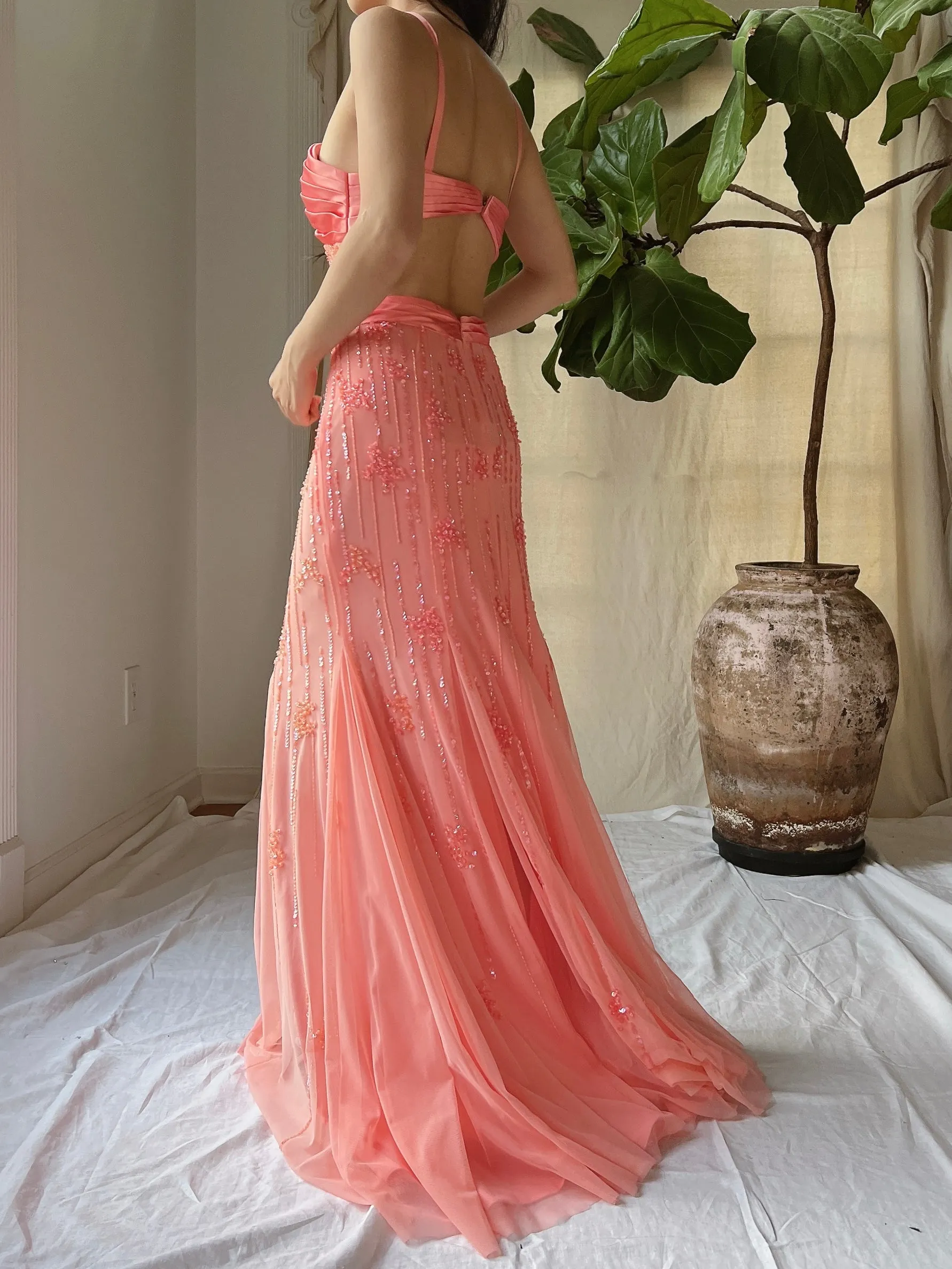 Vintage Sherbet Tulle Beaded Gown - M