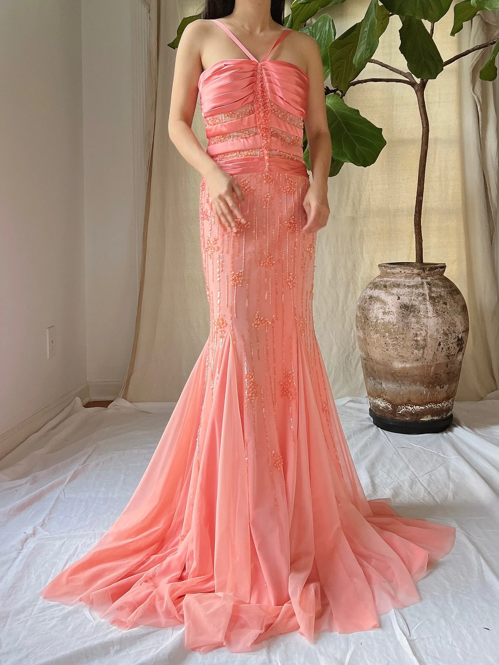 Vintage Sherbet Tulle Beaded Gown - M