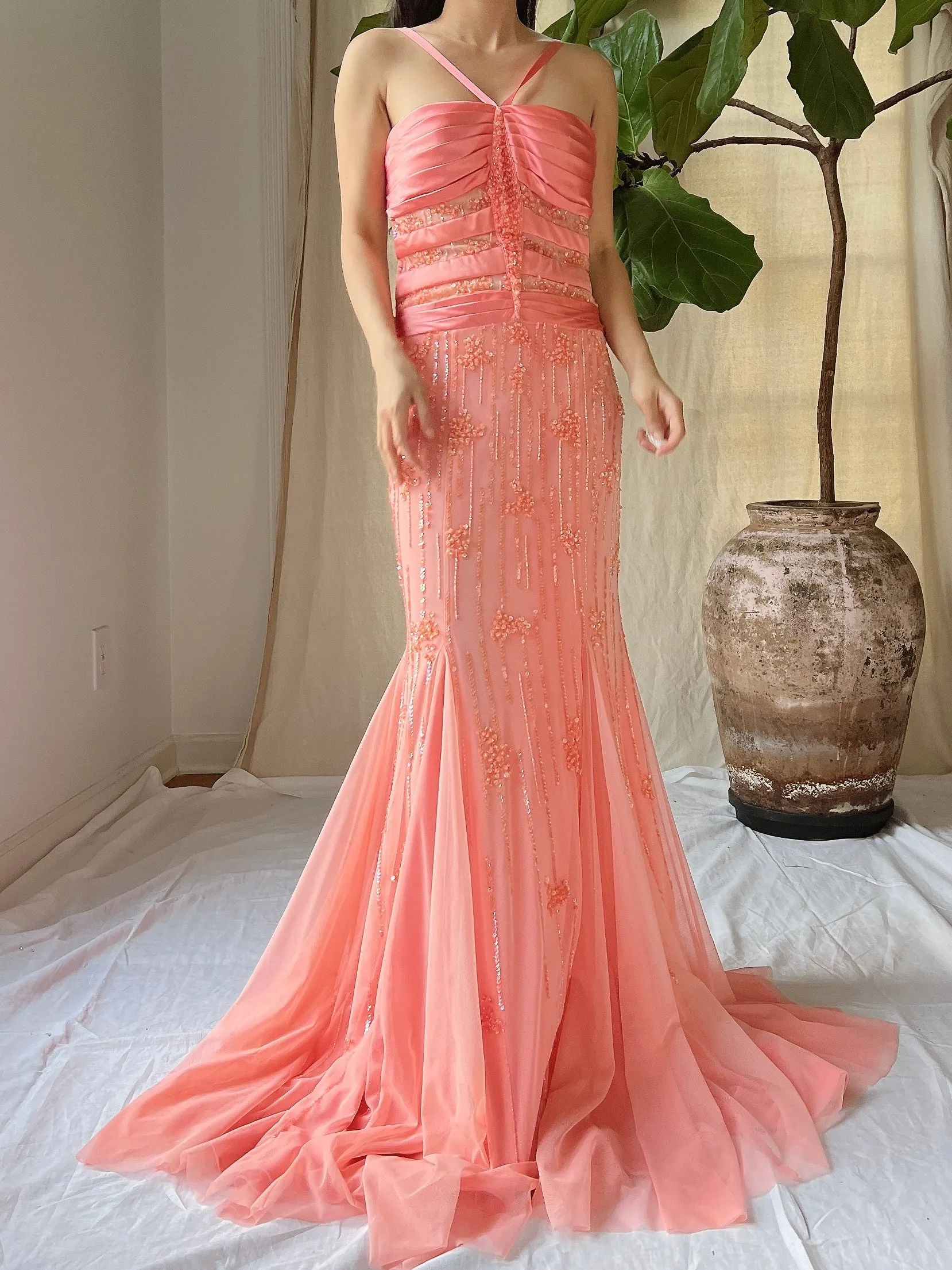 Vintage Sherbet Tulle Beaded Gown - M