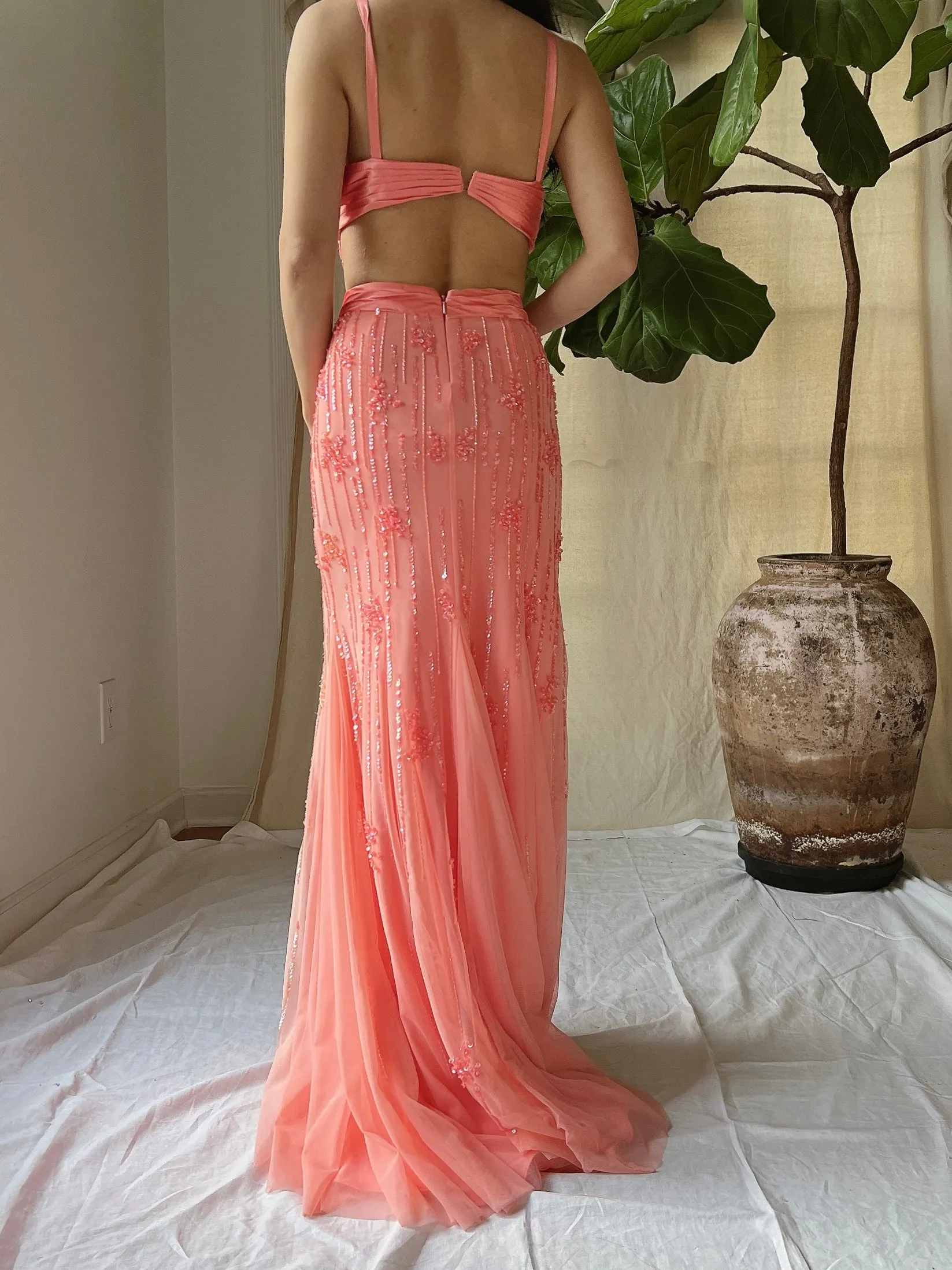 Vintage Sherbet Tulle Beaded Gown - M