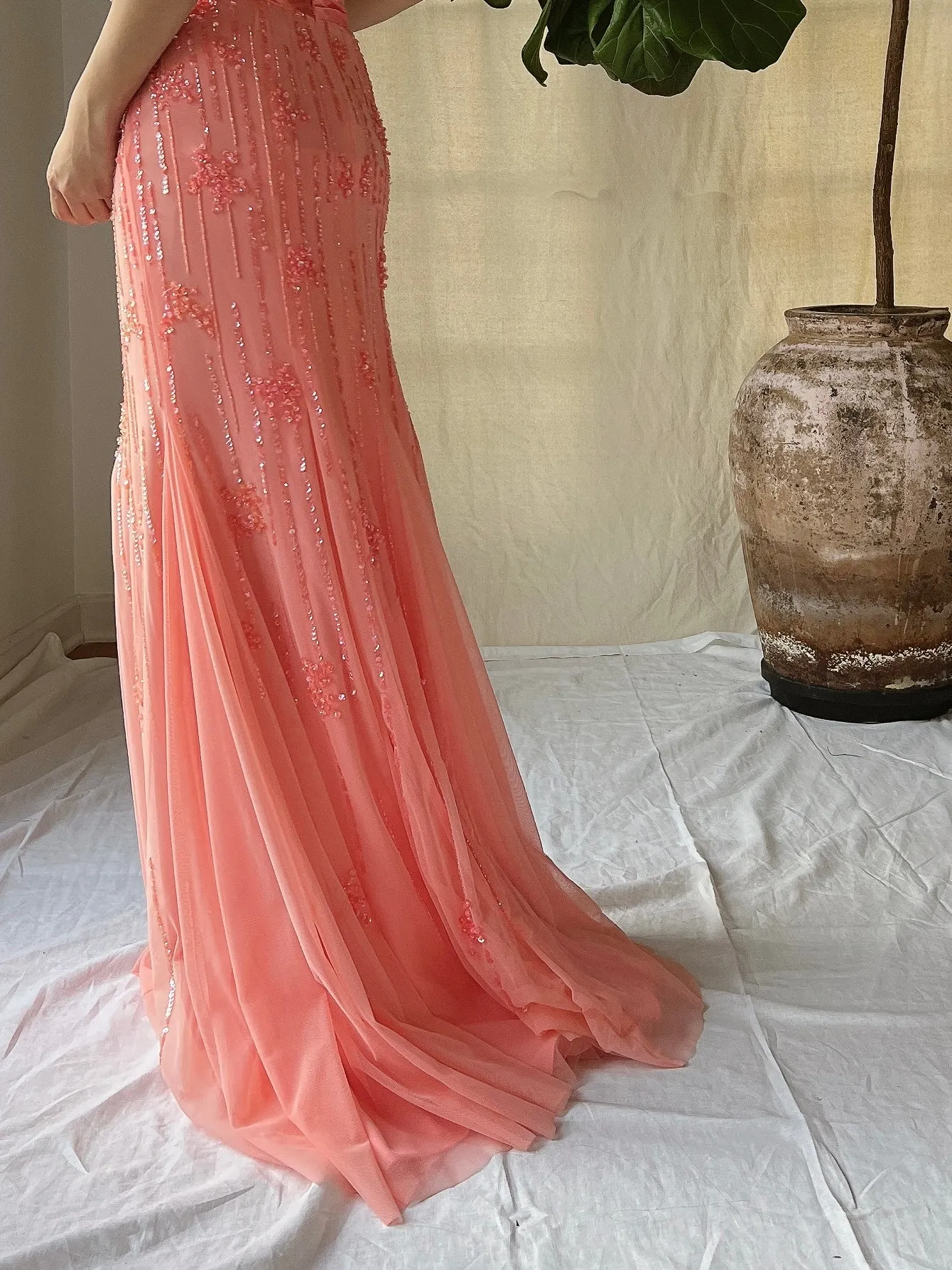 Vintage Sherbet Tulle Beaded Gown - M