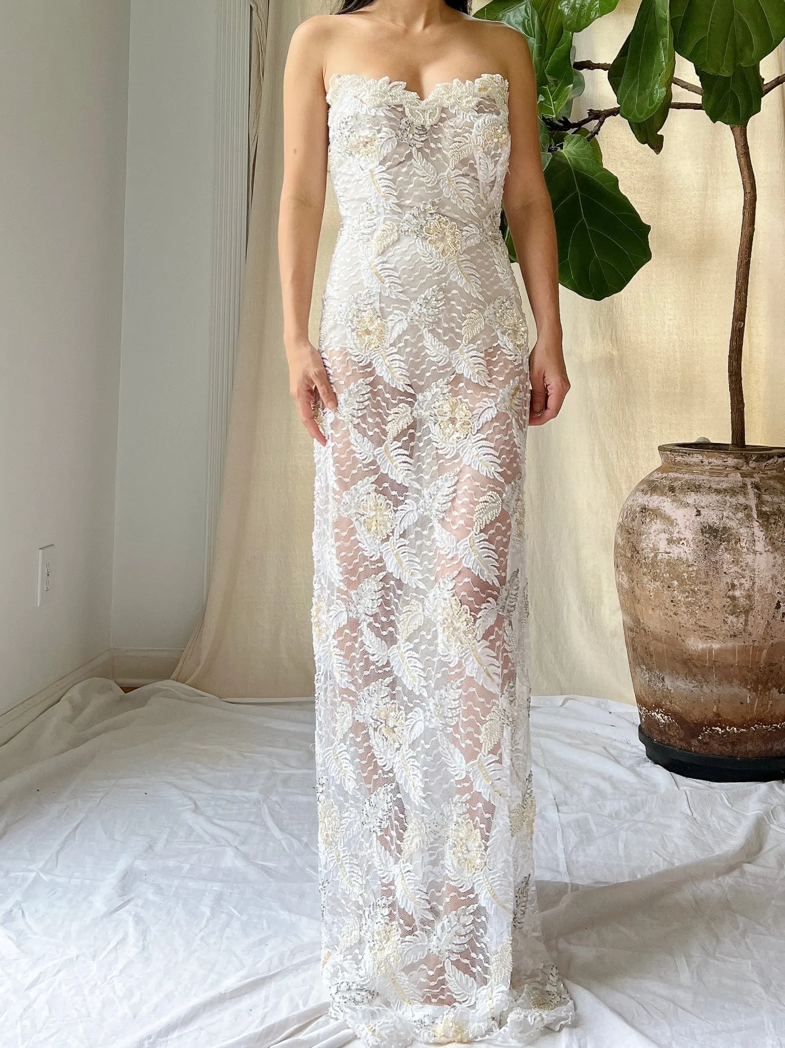 Vintage Strapless Beaded Lace Gown - M