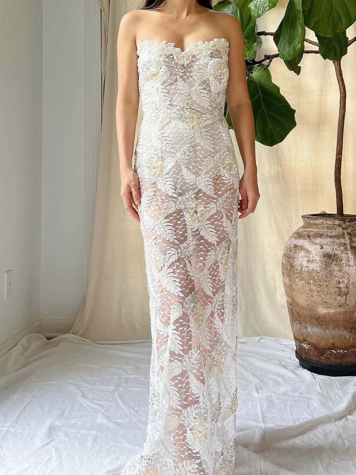 Vintage Strapless Beaded Lace Gown - M