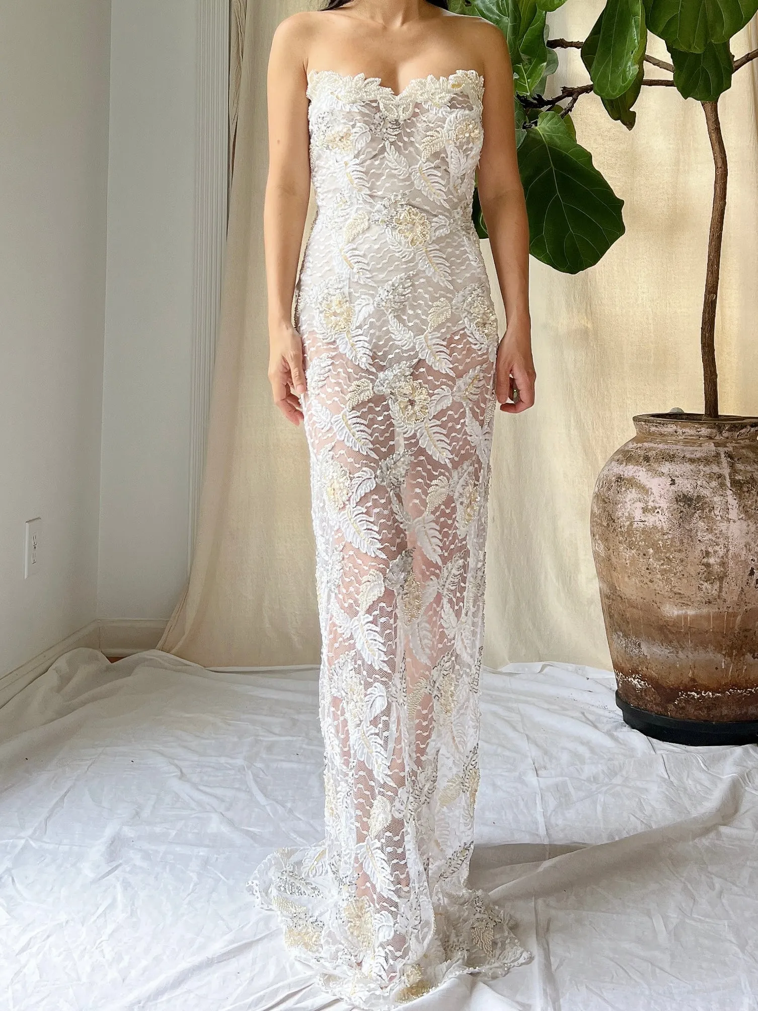 Vintage Strapless Beaded Lace Gown - M