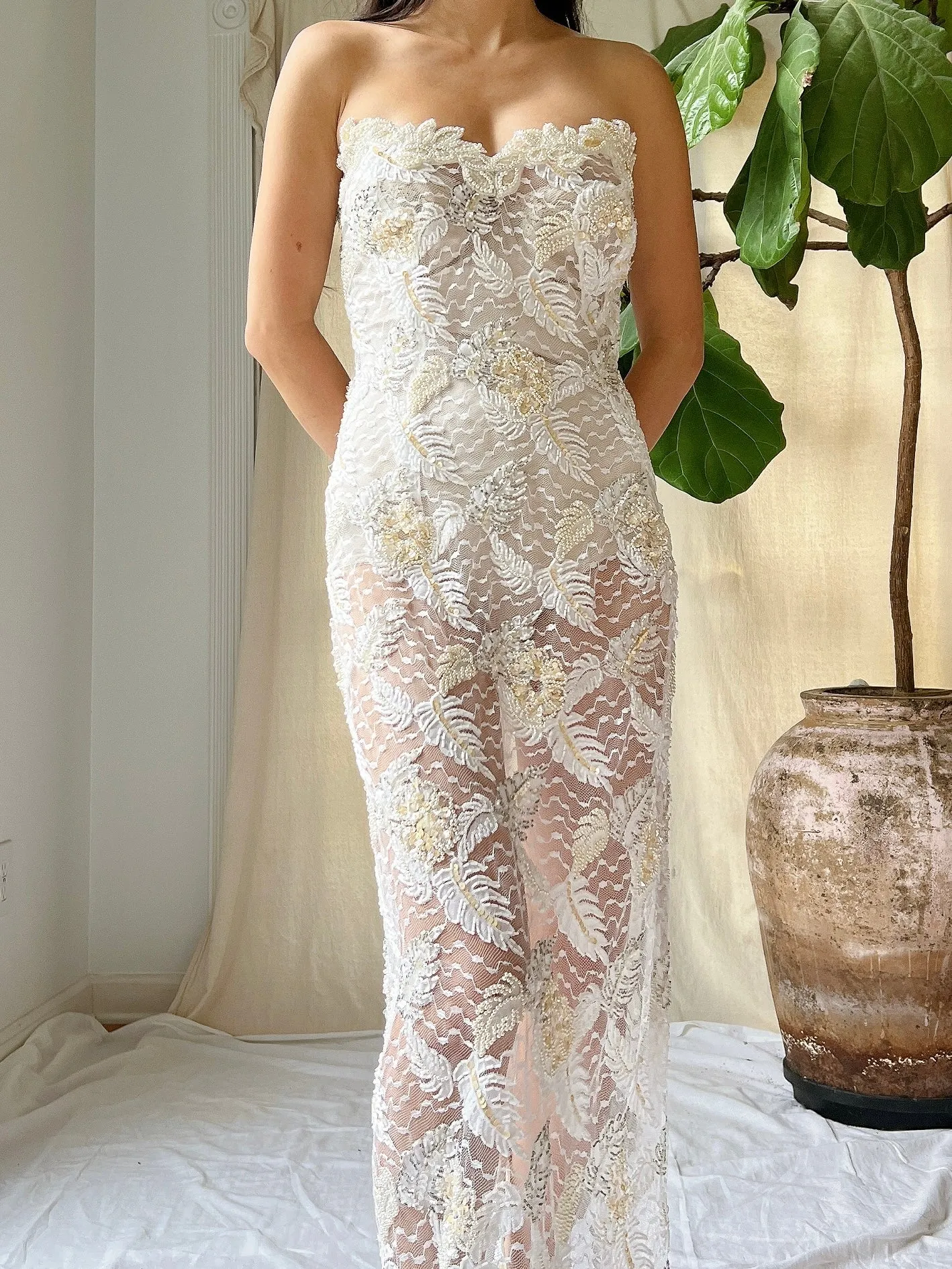 Vintage Strapless Beaded Lace Gown - M