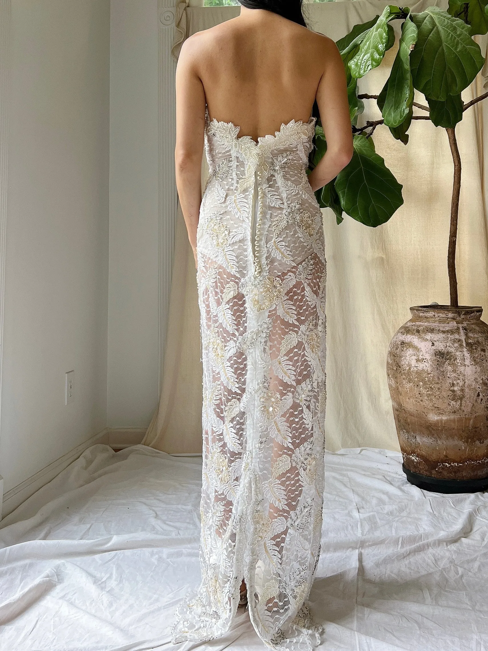 Vintage Strapless Beaded Lace Gown - M