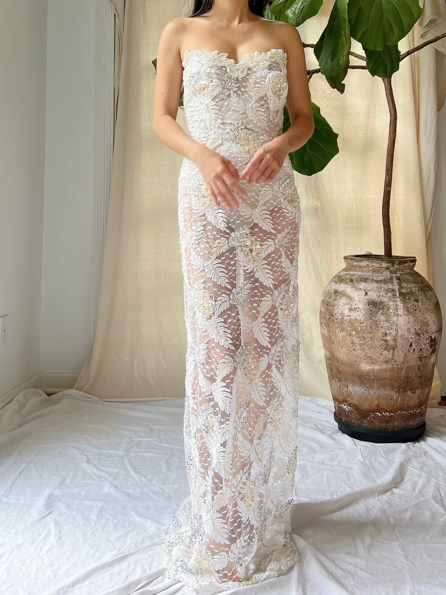 Vintage Strapless Beaded Lace Gown - M
