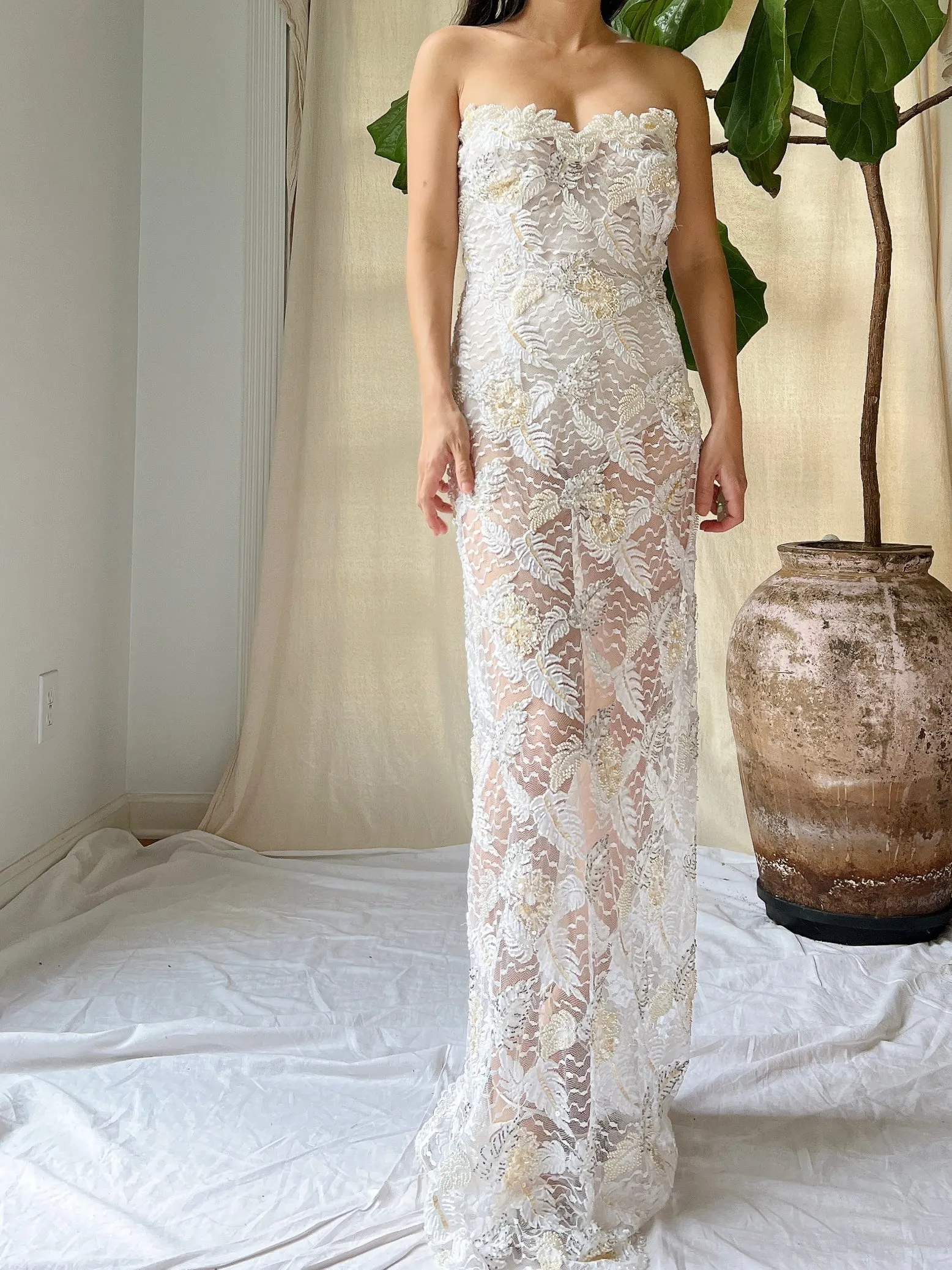 Vintage Strapless Beaded Lace Gown - M