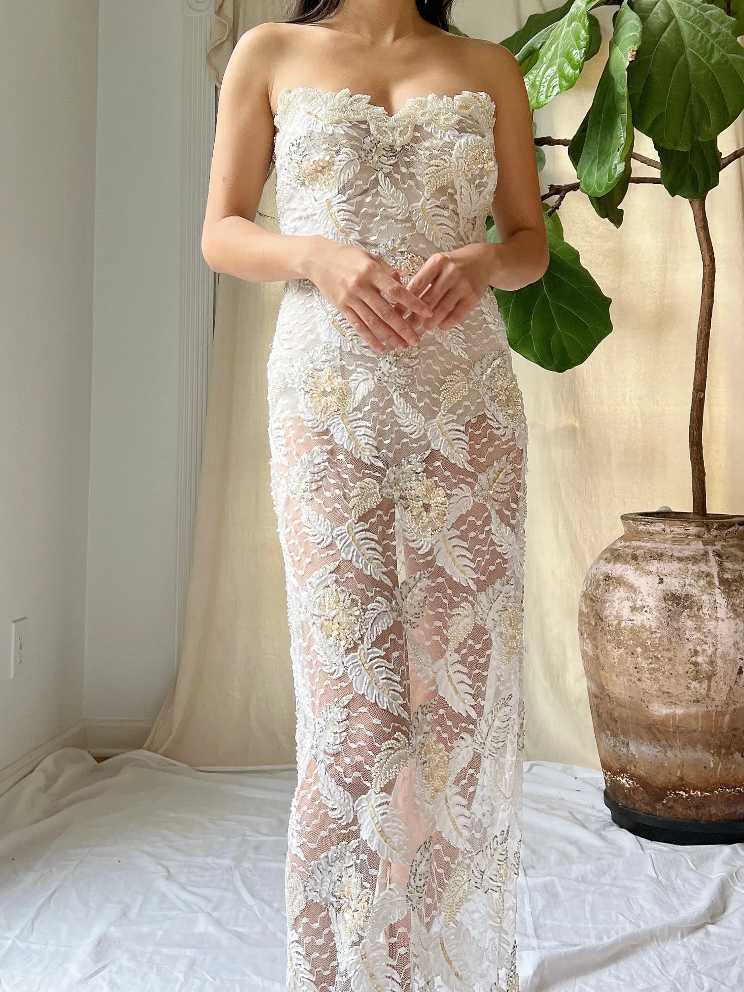 Vintage Strapless Beaded Lace Gown - M