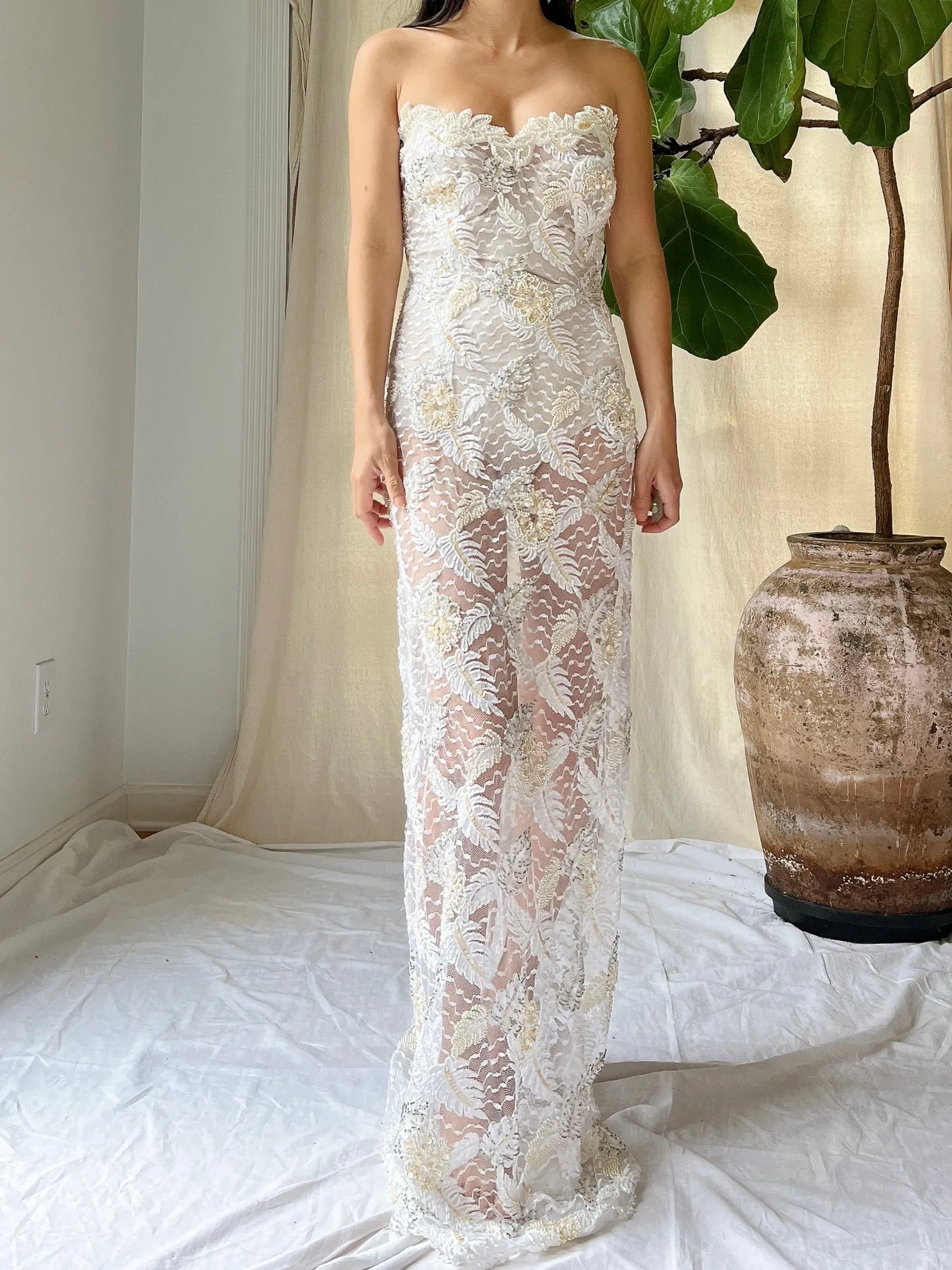 Vintage Strapless Beaded Lace Gown - M
