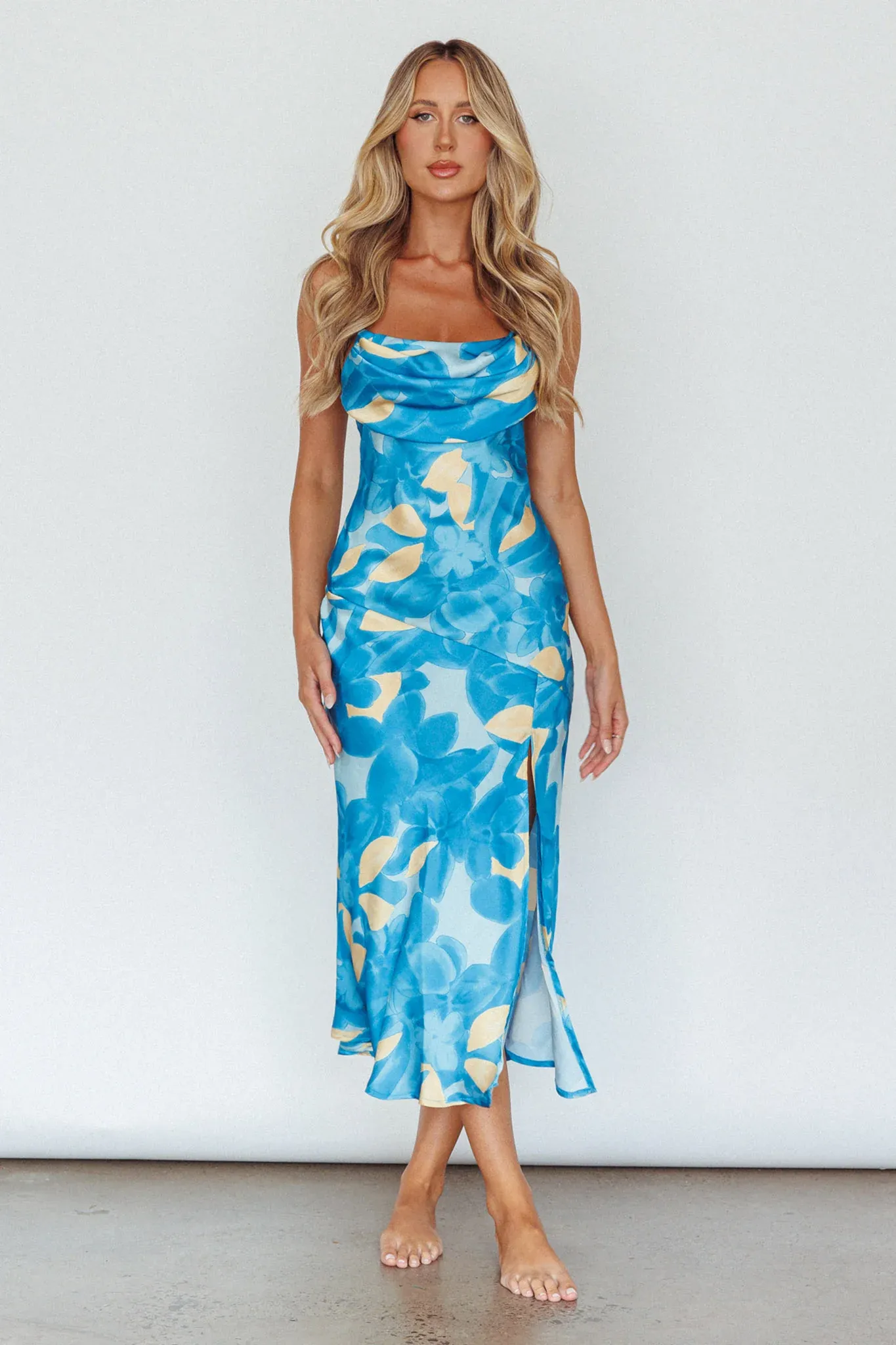 Well Versed Pleated Bust Front Split Dress Flora Blue