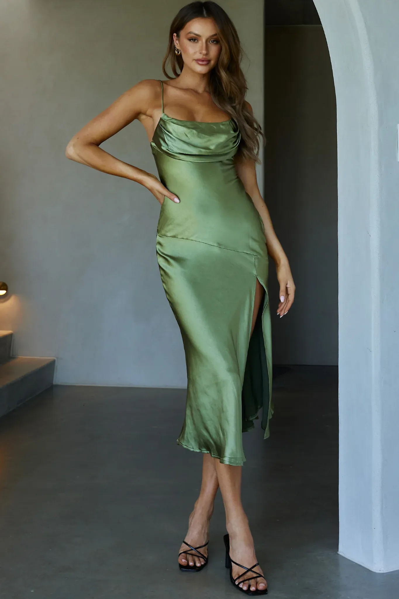 Well Versed Pleated Bust Front Split Dress Olive