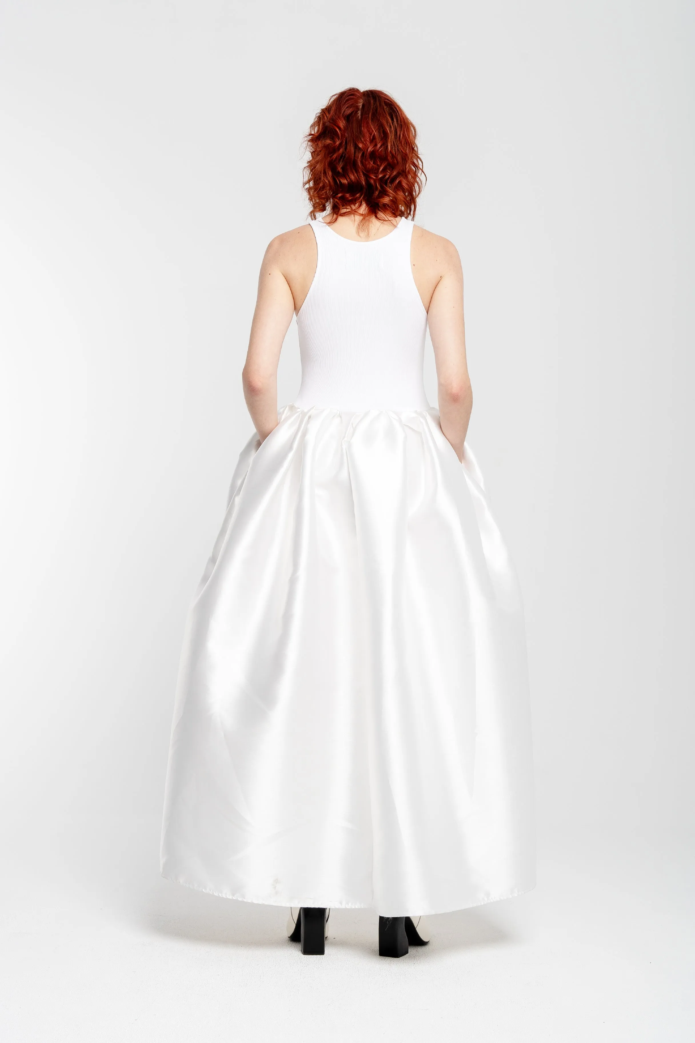 WHITE LONG DRESS WITH FULL SKIRT