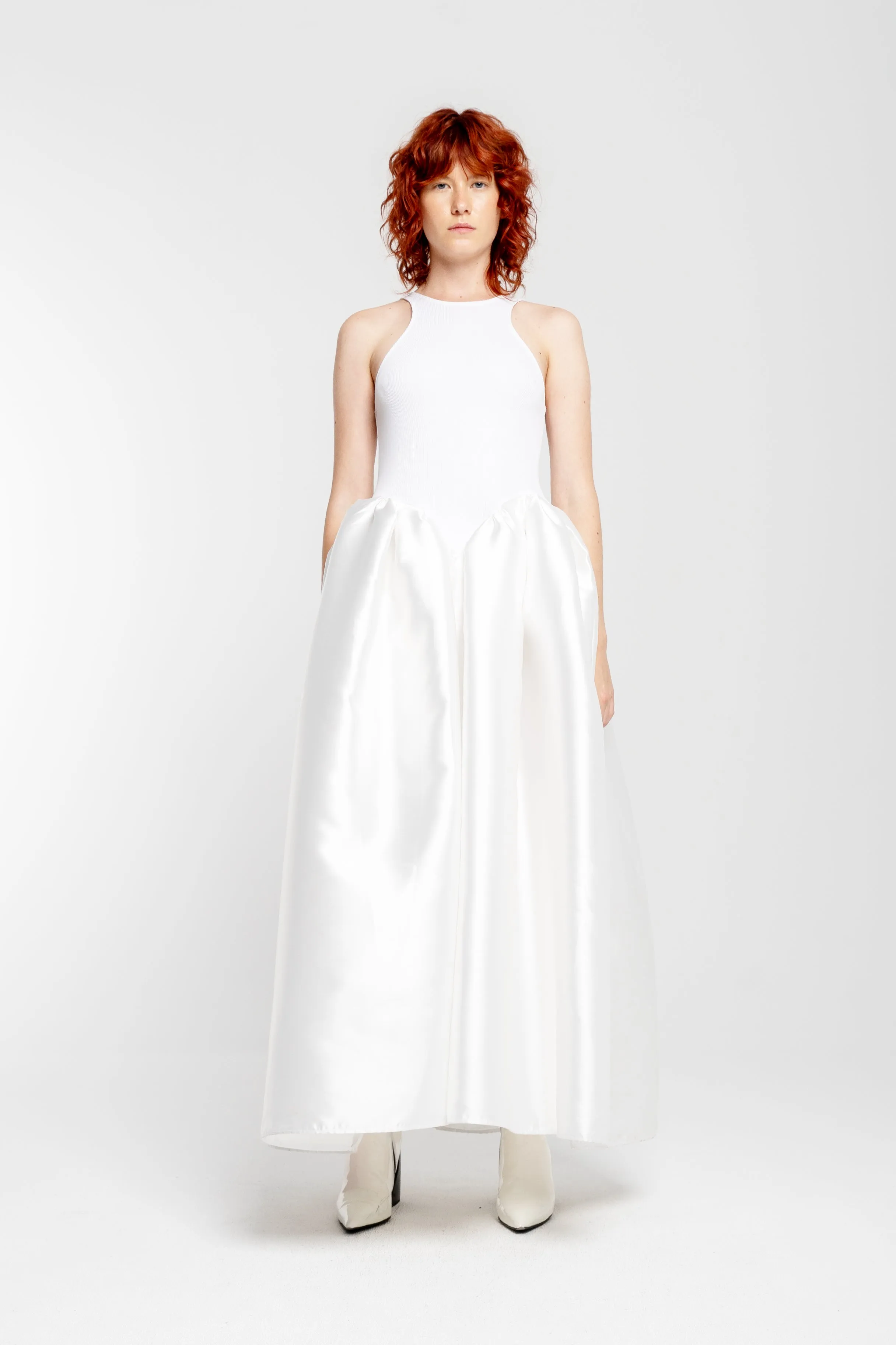 WHITE LONG DRESS WITH FULL SKIRT