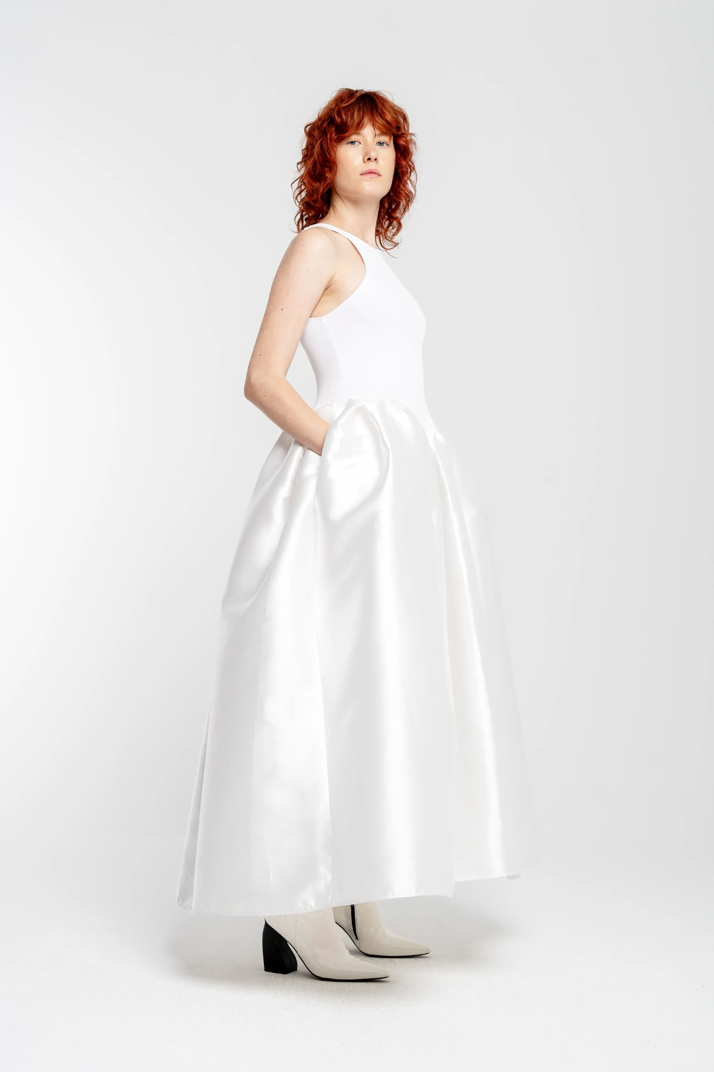 WHITE LONG DRESS WITH FULL SKIRT