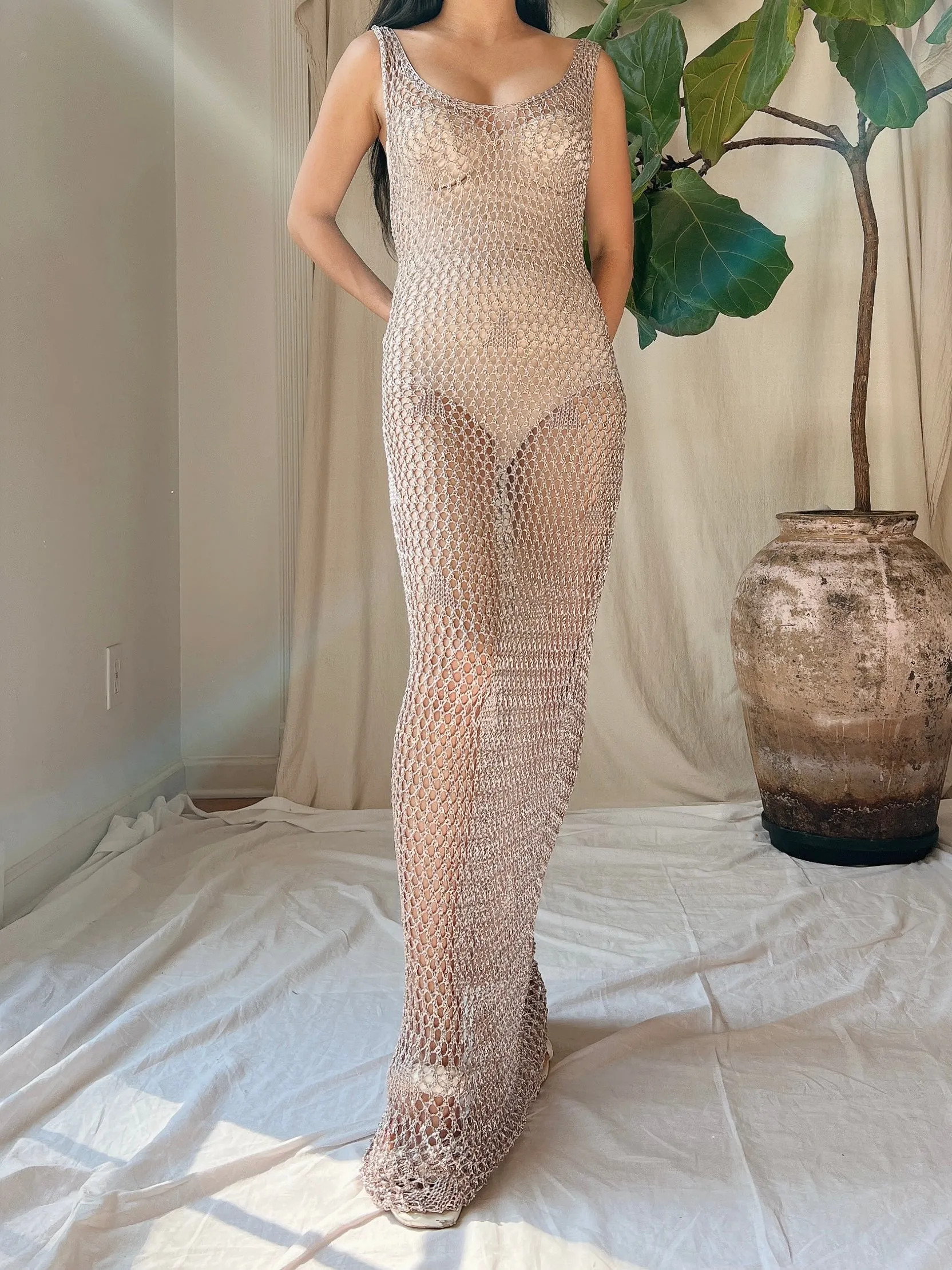 Y2K Pewter Mesh Crochet Gown - OSFM