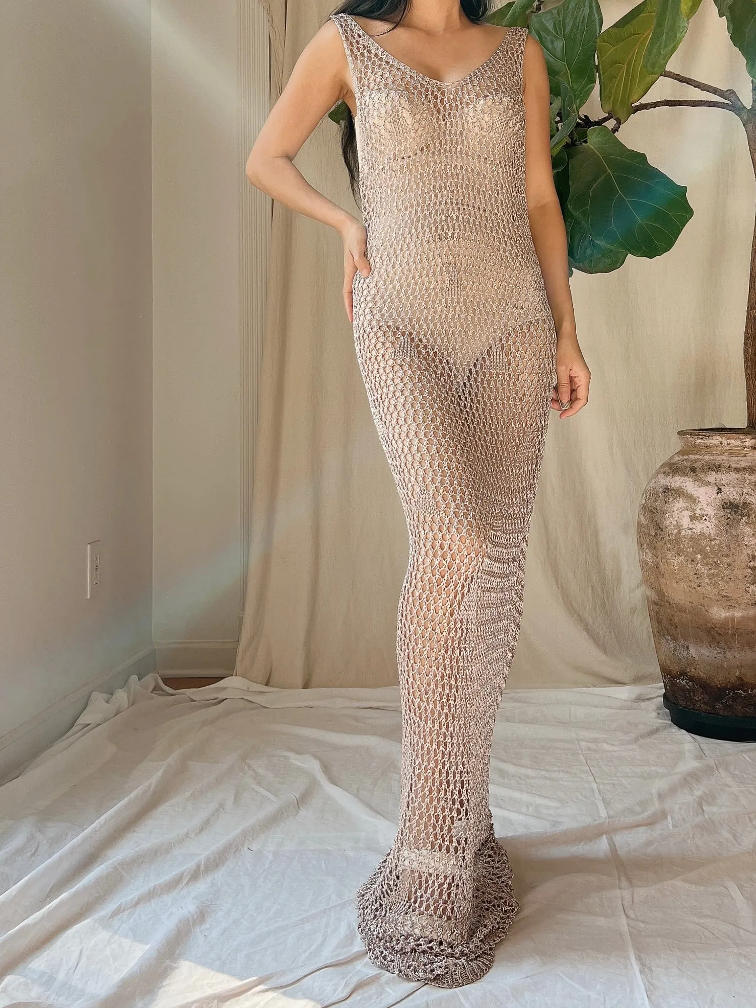 Y2K Pewter Mesh Crochet Gown - OSFM