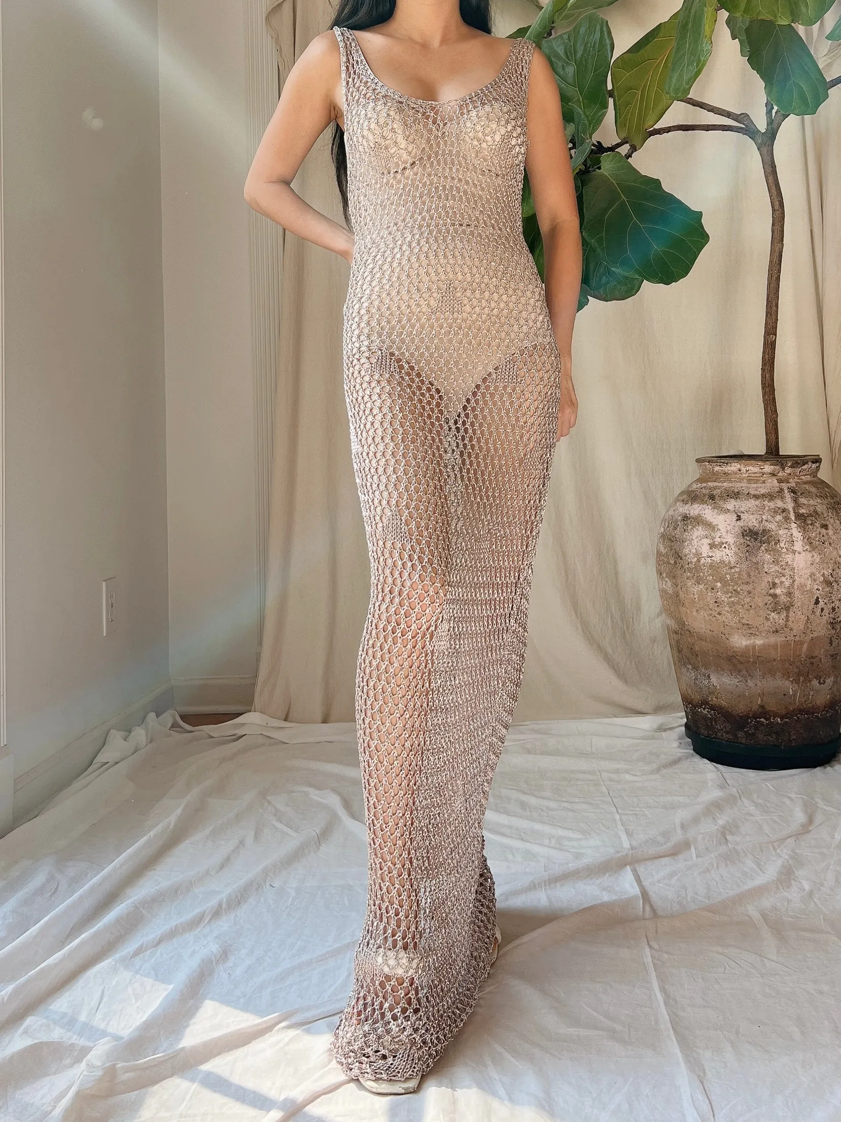 Y2K Pewter Mesh Crochet Gown - OSFM