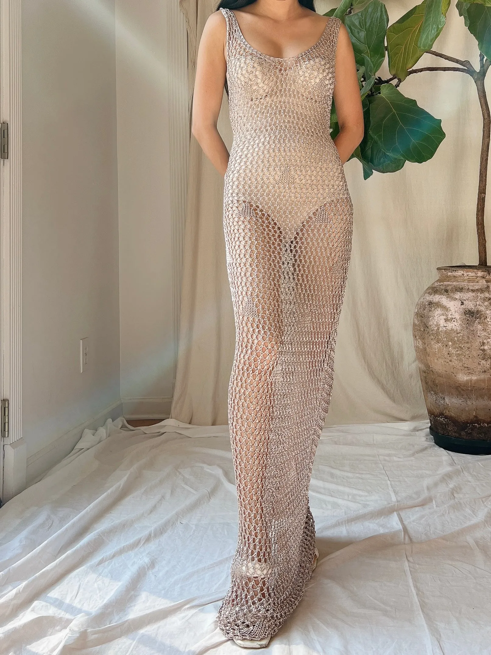 Y2K Pewter Mesh Crochet Gown - OSFM