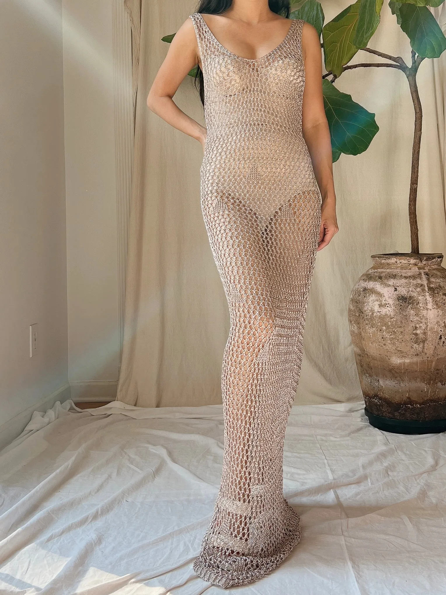 Y2K Pewter Mesh Crochet Gown - OSFM