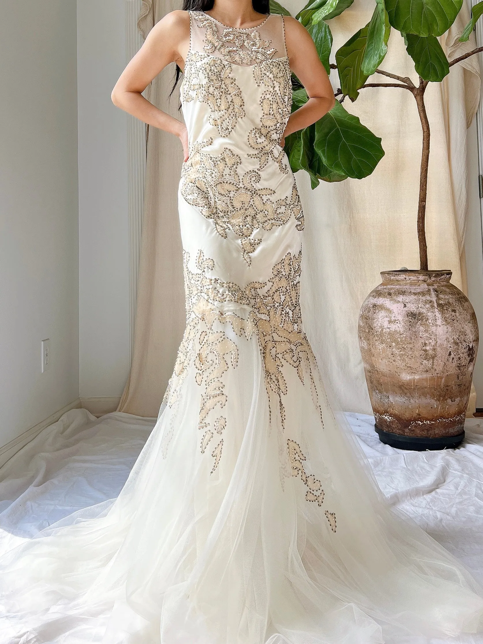 Y2K Silk Beaded Embroidered Gown - M
