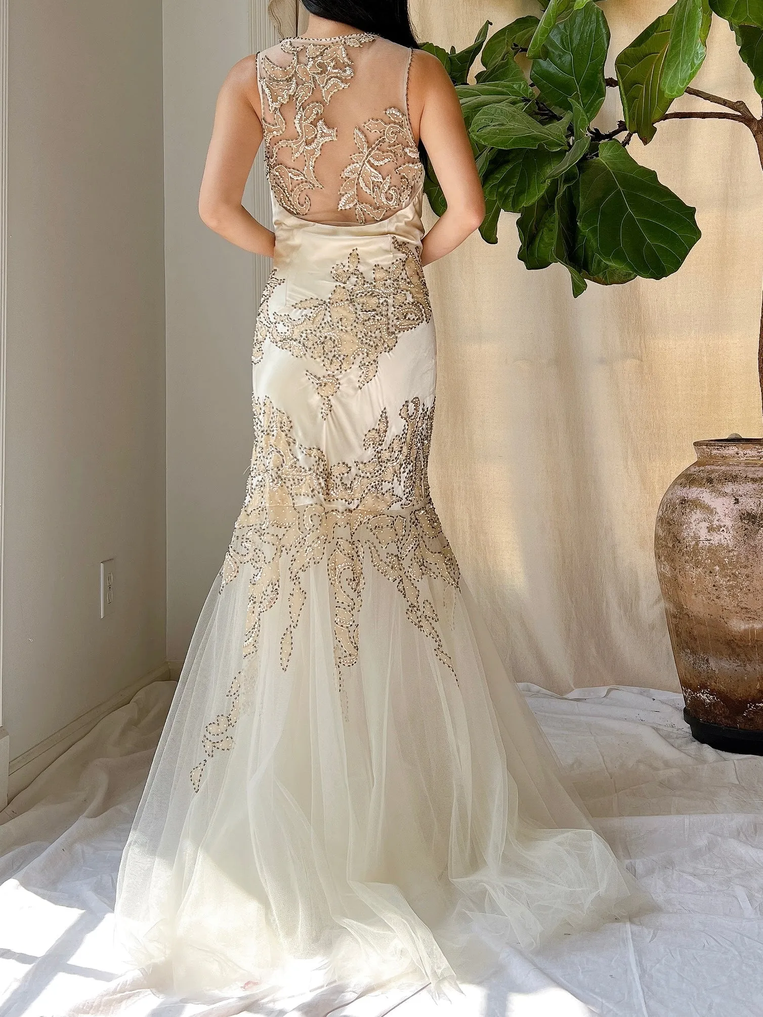 Y2K Silk Beaded Embroidered Gown - M